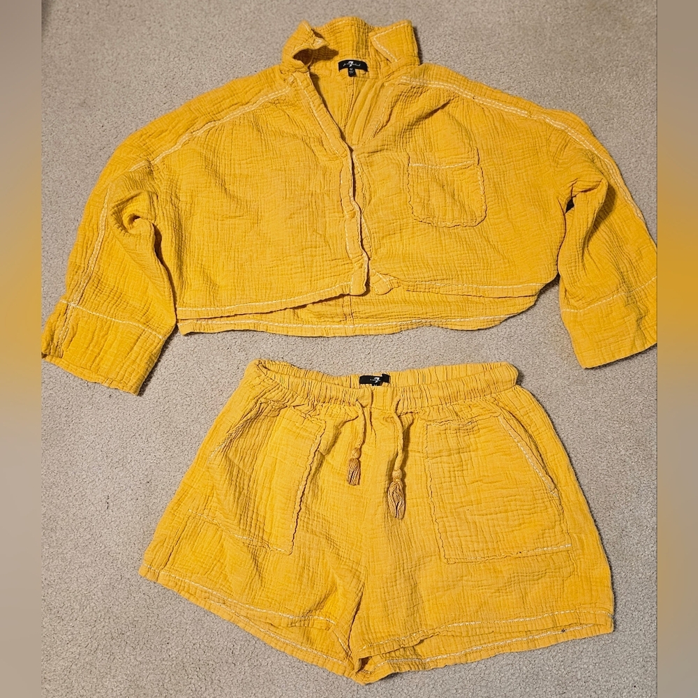 7 For All Mankind Set Yellow Women's Gauze Top & Shorts Size Medium